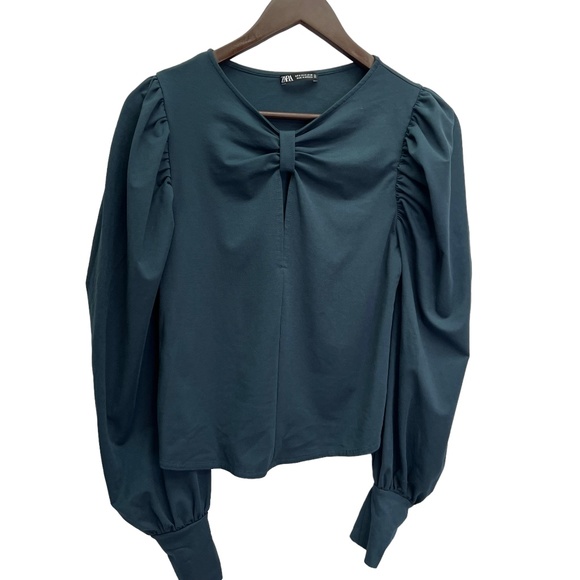 Zara Turquoise Long Puff Sleeve V-Neck Top Size S - Picture 3 of 10